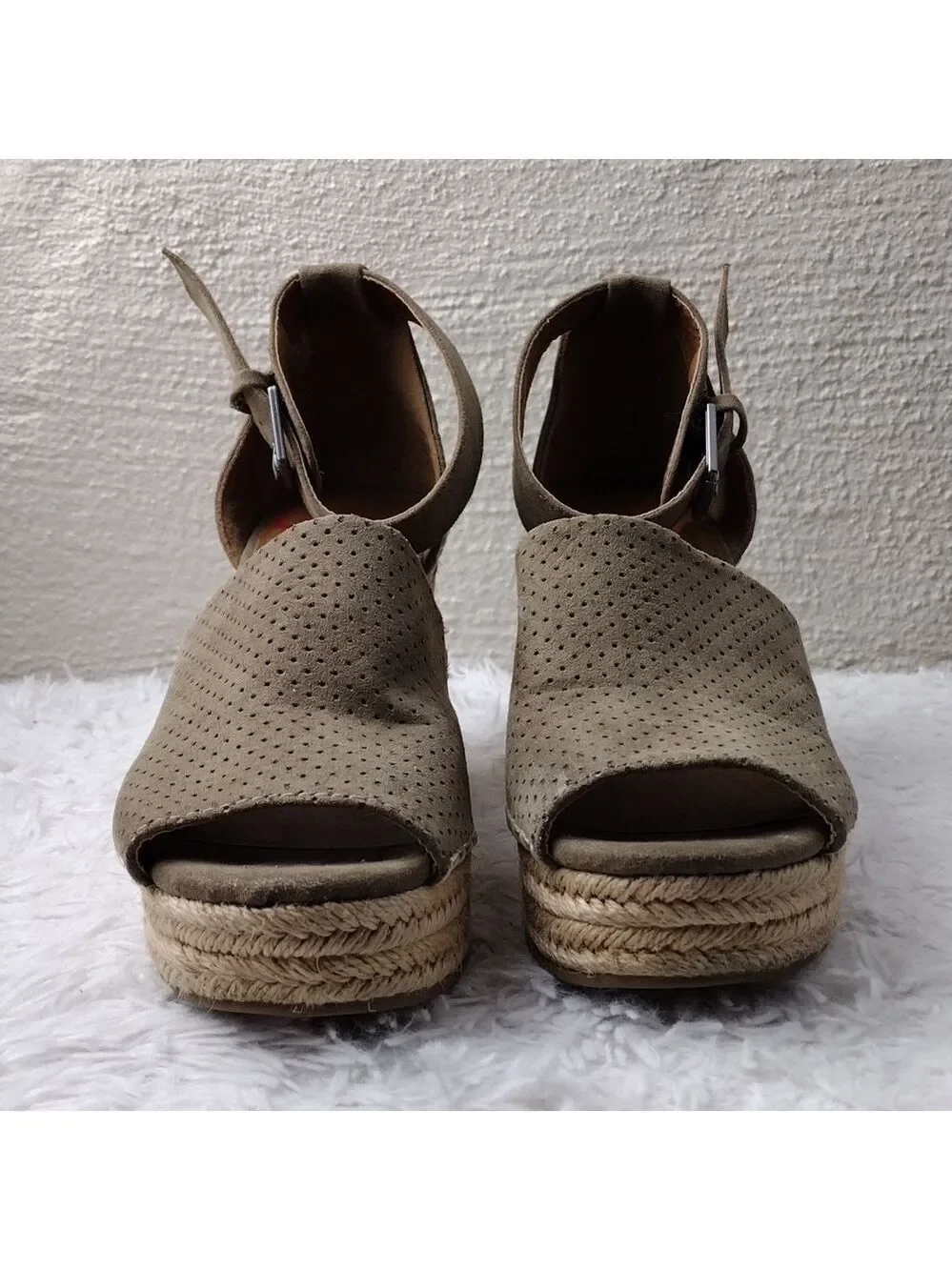 Jellypop Taupe Faux Suede Ankle Buckle Strap Wedge Heeled Espadrille Sandal Shoe